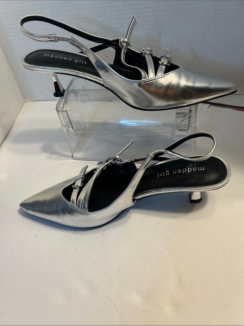 Madden Girl Metallic Silver Pointed Slingback Kitten Heels